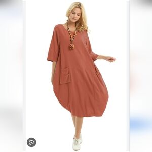 Anysize Soft Linen Cotton Lantern Loose Dress Brownish Red Pullover Minimalist